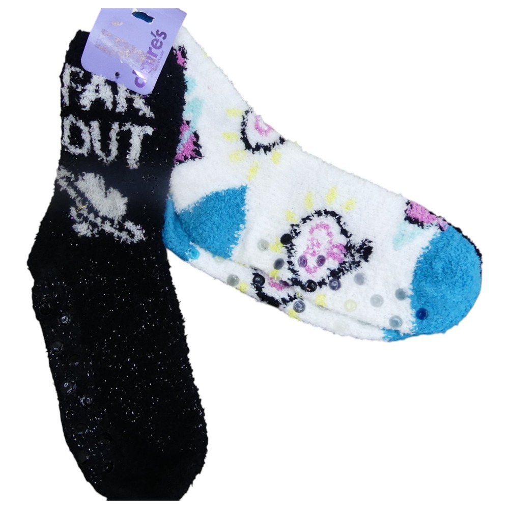 Claire's Fuzzy Socks Girls One Size Multicolor NWT Space Alien 2-Pack Grippers